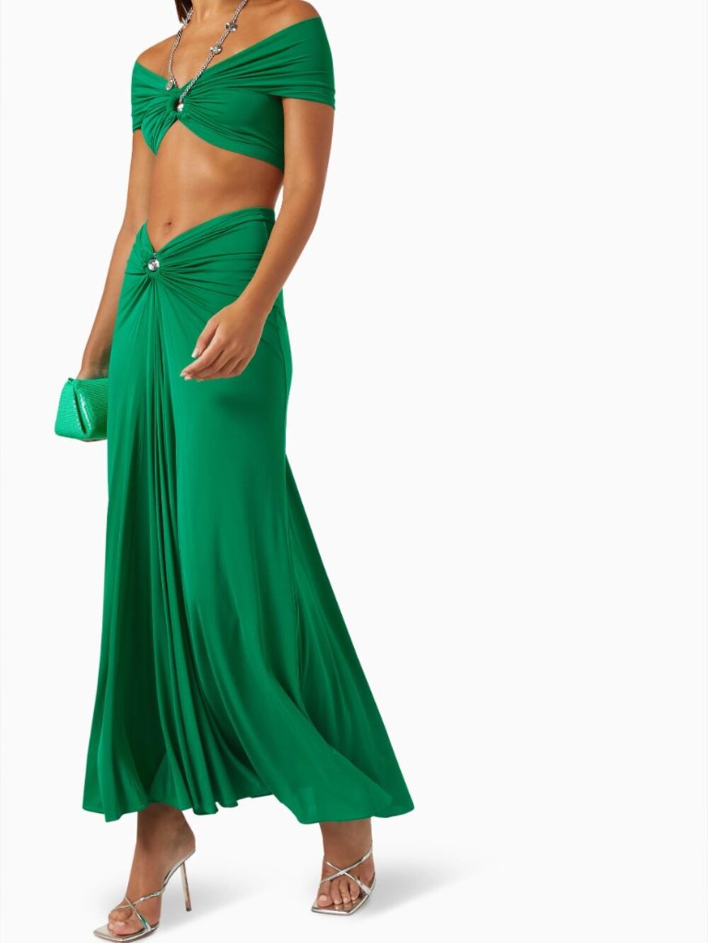 Paco Rabanne Green Jersey Skirt Only Size 34 Cutout Ring Silver Medallion